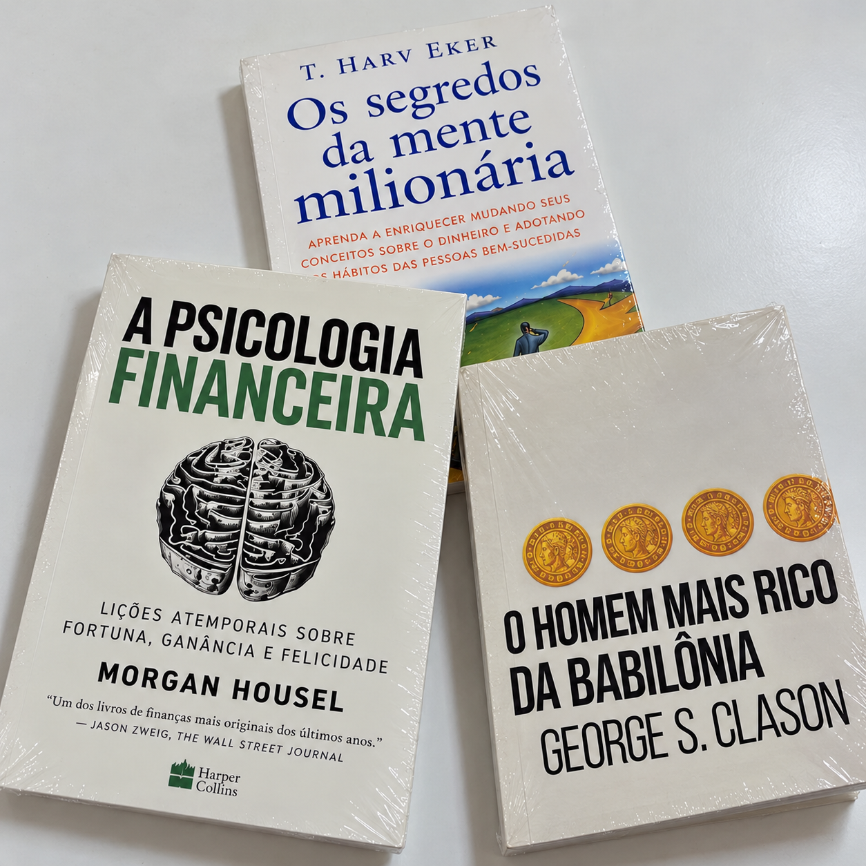 Livros de educação financeira dispostos sobre uma superfície clara