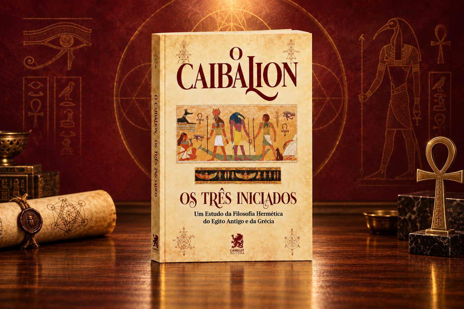 Livro O Caibalion: Os Três Iniciados sobre fundo bordô
